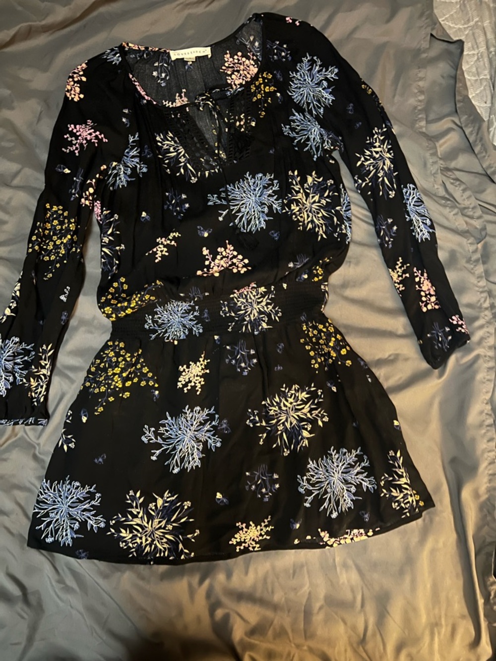 lovestitch Black Floral-Print Midi Dress with Blue, Pink & Yellow Accents